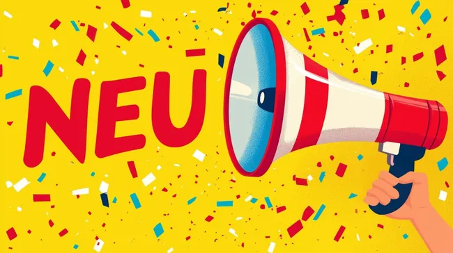 Ankündigung von Neuem mit Megafon und Konfetti