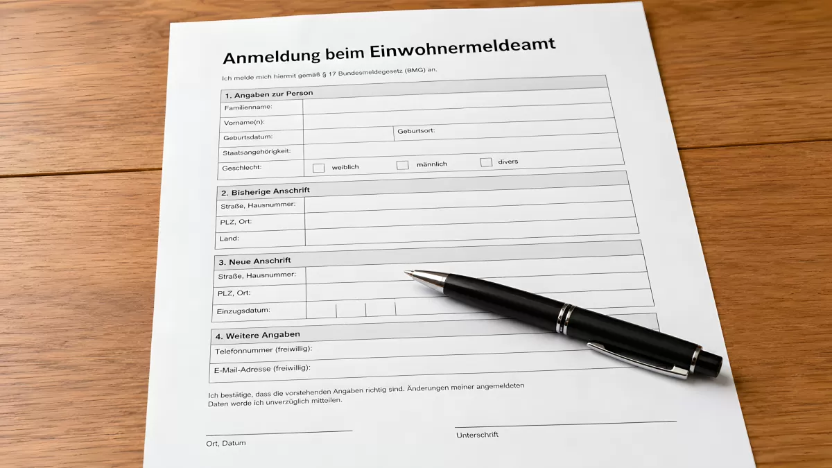 Anmeldeformular beim Einwohnermeldeamt auf Holztisch