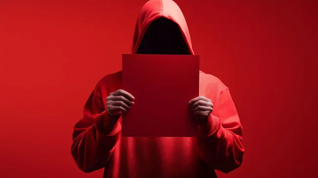 Anonyme Person in rotem Kapuzenpullover mit leerem Blatt