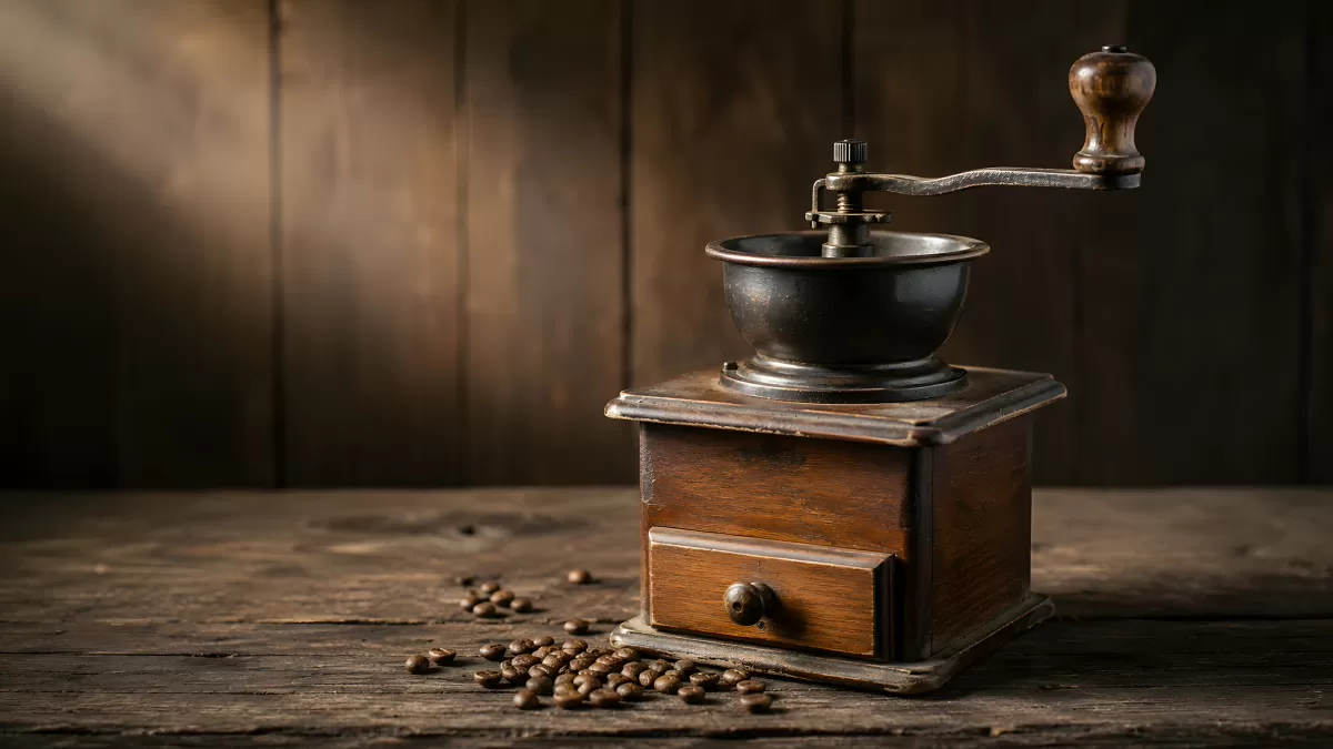 Antike Holz-Kaffeemühle mit Kaffeebohnen auf Holztisch