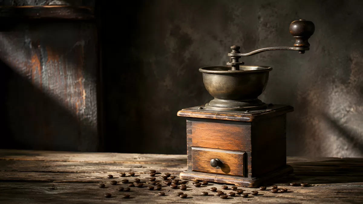 Antike Kaffeemühle aus Holz mit Mahlgut auf Holztisch