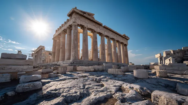 Antike Ruinen des Parthenon in Athen bei Sonnenschein