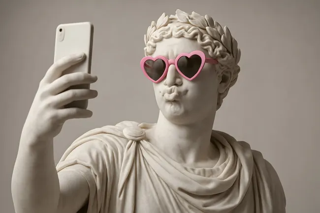 Antike Statue beim Selfie in rosa Herzbrille