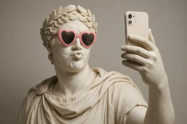 Antike Statue in moderner Pose mit Herz-Sonnenbrille