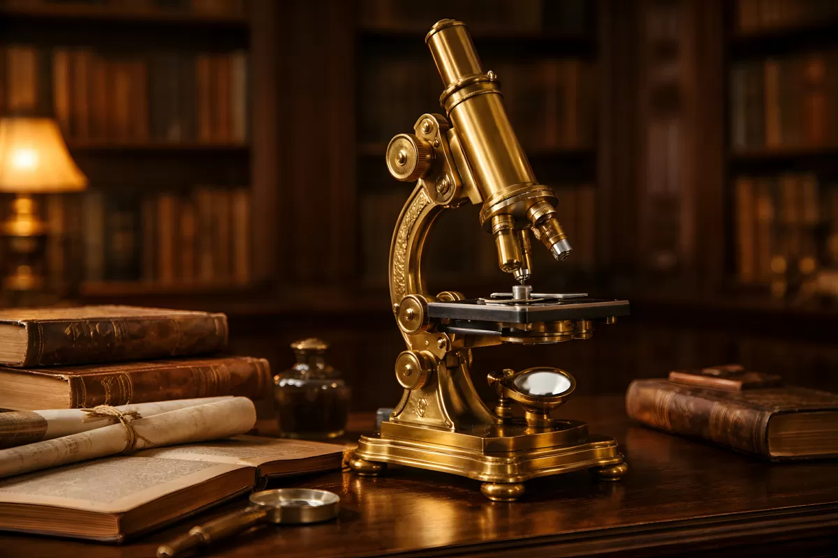 Antiker Mikroskop-Rahmen auf Holztisch