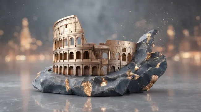 Antikes Kolosseum auf Felsfundament im Schneesturm