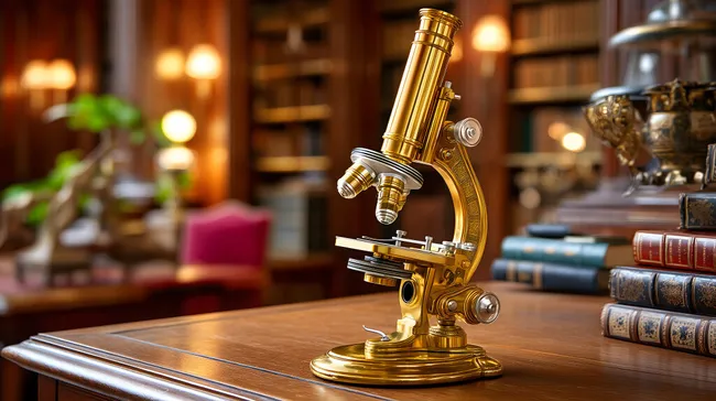 Antikes Mikroskop auf edler Holzoblane