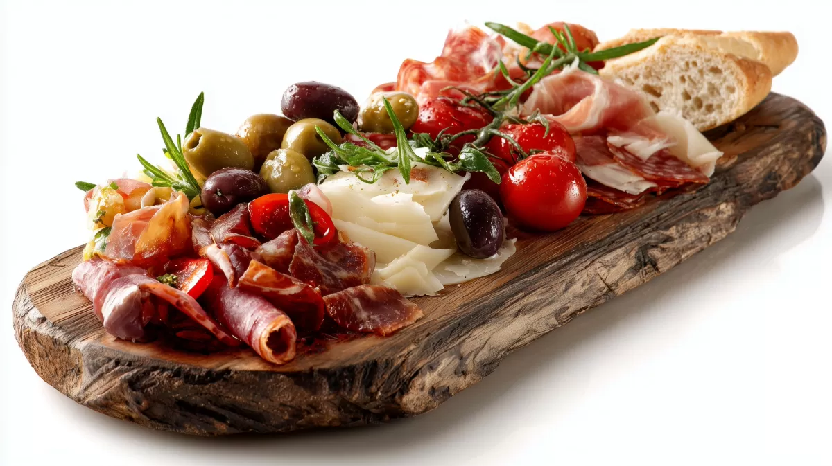 Antipasti misti auf rustikalem Holzbrett serviert