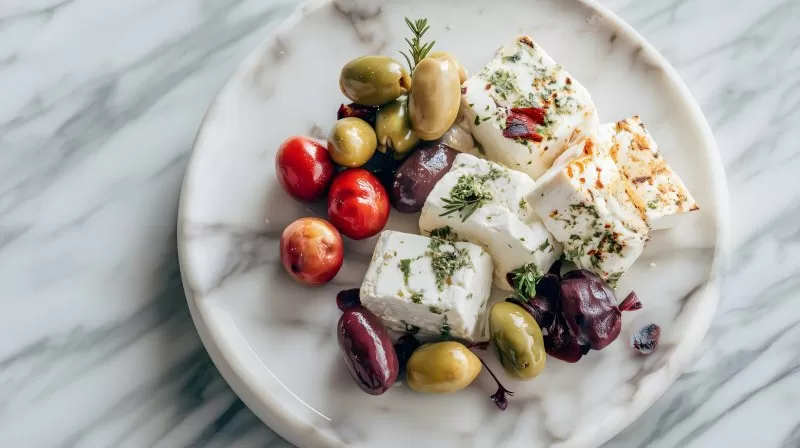 Antipasti mit Feta und Oliven auf Marmorteller