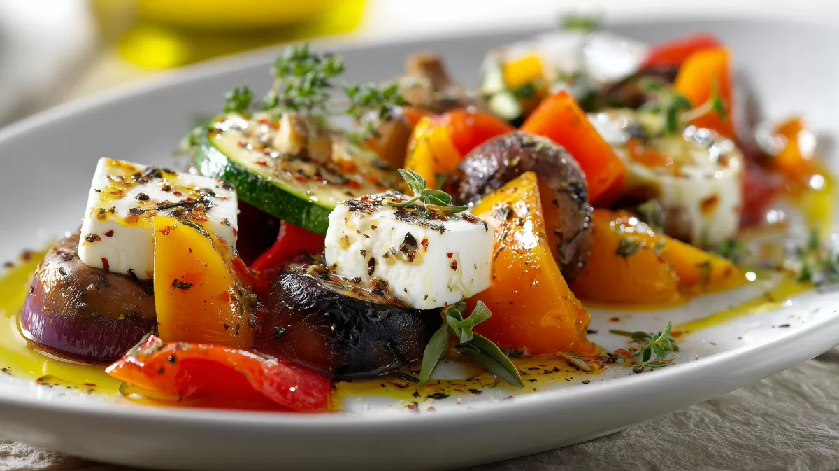 Antipasti mit gegrilltem Gemüse und Feta auf Teller