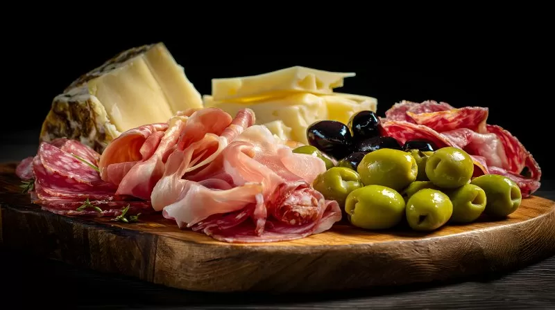 Antipasti Platte mit Wurst Käse und Oliven