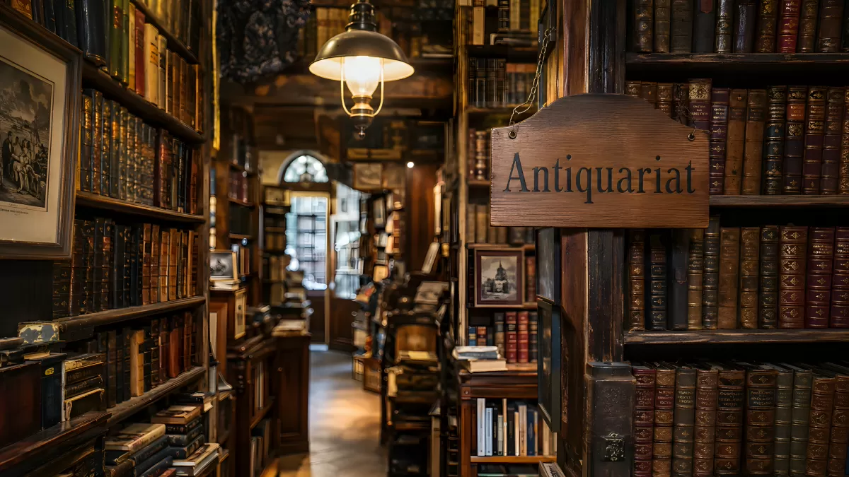 Antiquariat mit alten Büchern in holzgetäfeltem Laden