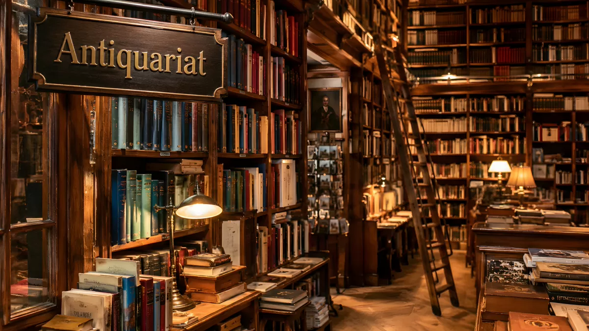 Antiquariat mit alten Büchern und warmem Licht