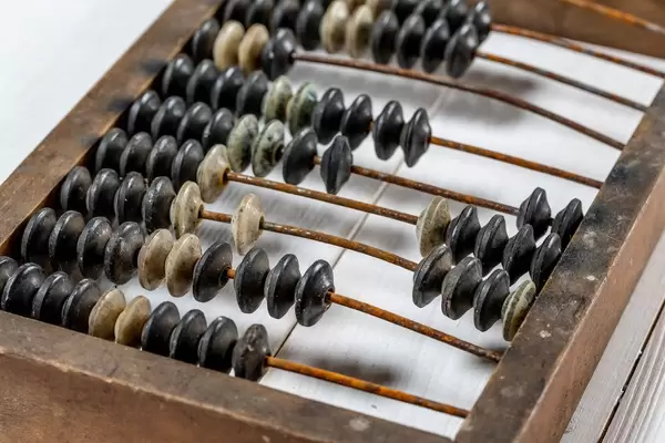 Antique abacus on a wooden table as a background close up