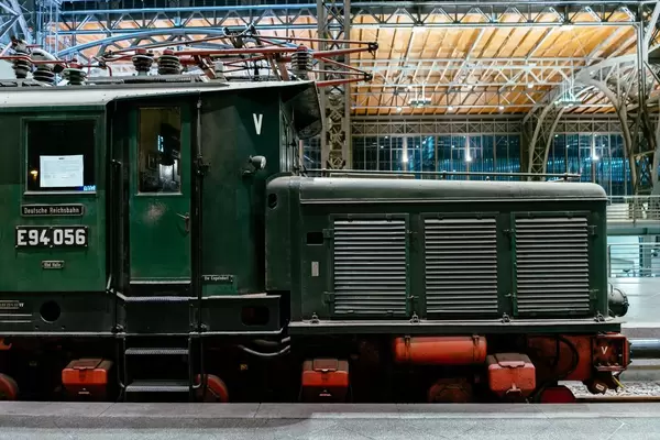 Antique German Reichsbahn green cargo locomotive side view