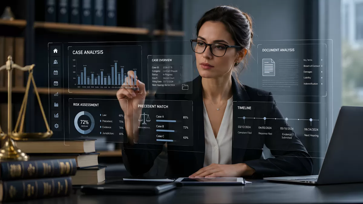 Anwältin analysiert digitale Rechtsfälle am Schreibtisch