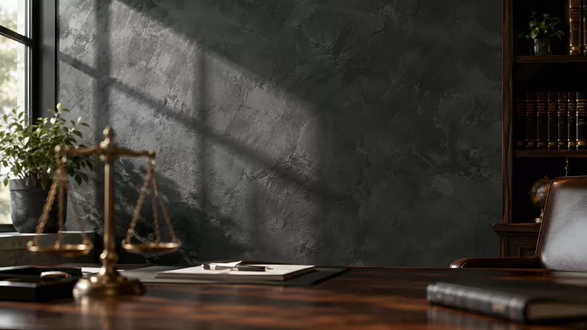 Anwaltsbüro mit Waage der Gerechtigkeit auf Holzschreibtisch