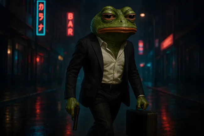 Anzugträger in Gestalt einer Froschfigur in dunkler Gasse