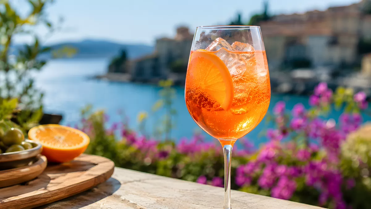 Aperol Spritz am Mittelmeer mit Orangenscheibe