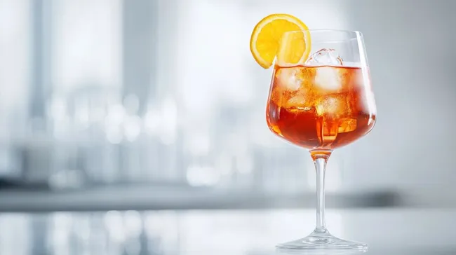 Aperolspritze mit Orangenscheibe und Eiswürfeln im Weinglas