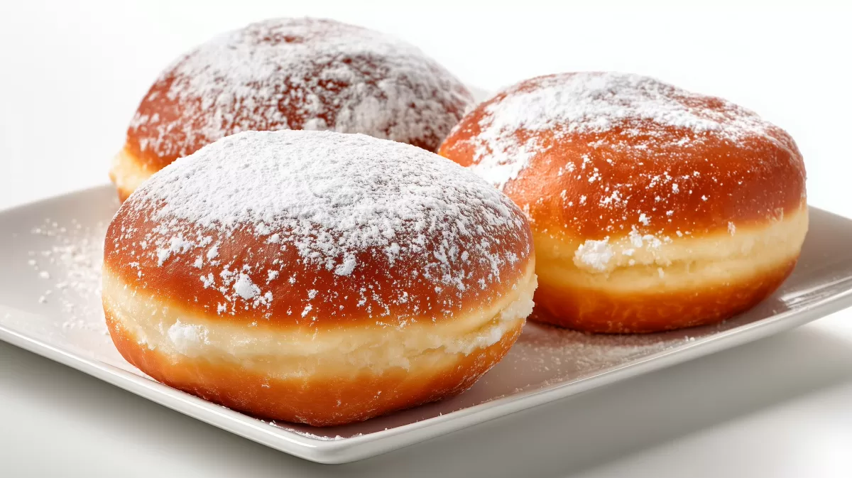 Apfel Berliner mit Puderzucker auf weißem Teller