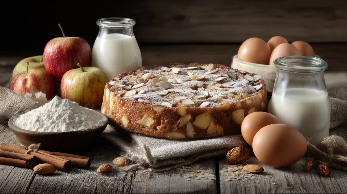 Apfel Feigen Haferkuchen mit Mandeln auf Holztisch