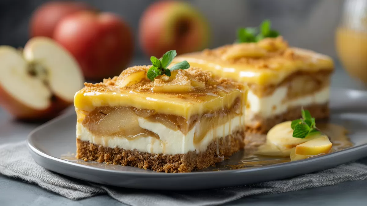 Apfel Pudding Blechkuchen mit Karamellschicht