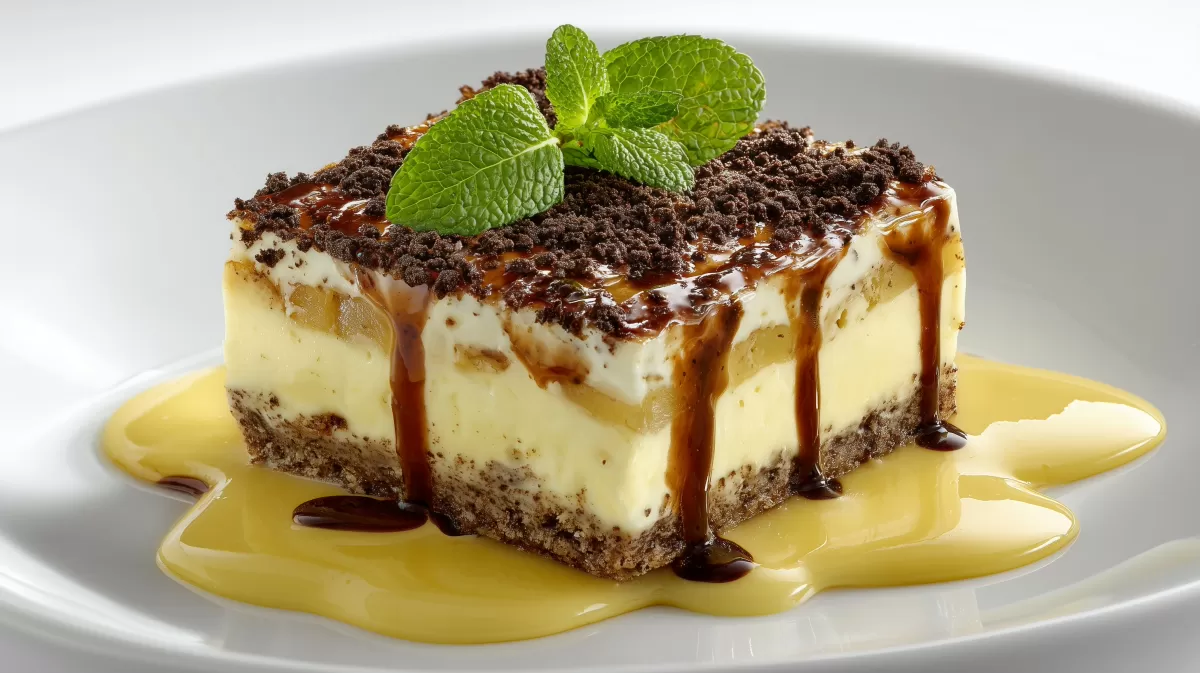 Apfel Pudding Blechkuchen mit Schokosoße und Minze