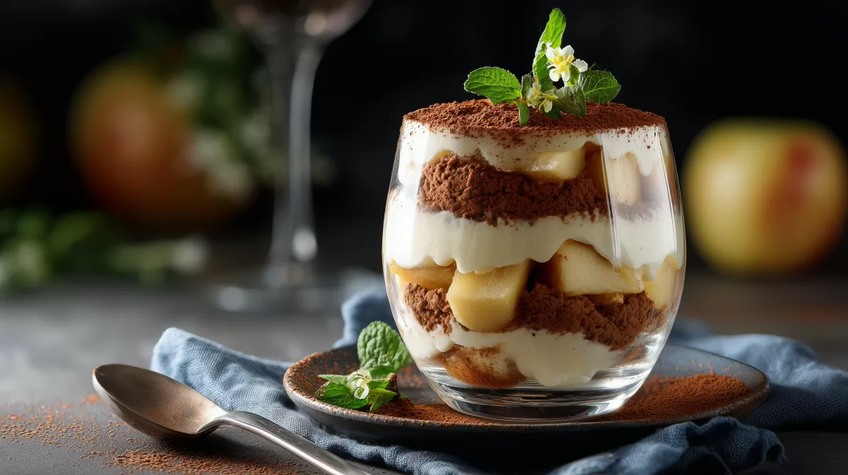 Apfel Tiramisu im Dessertglas und Kakaopuder