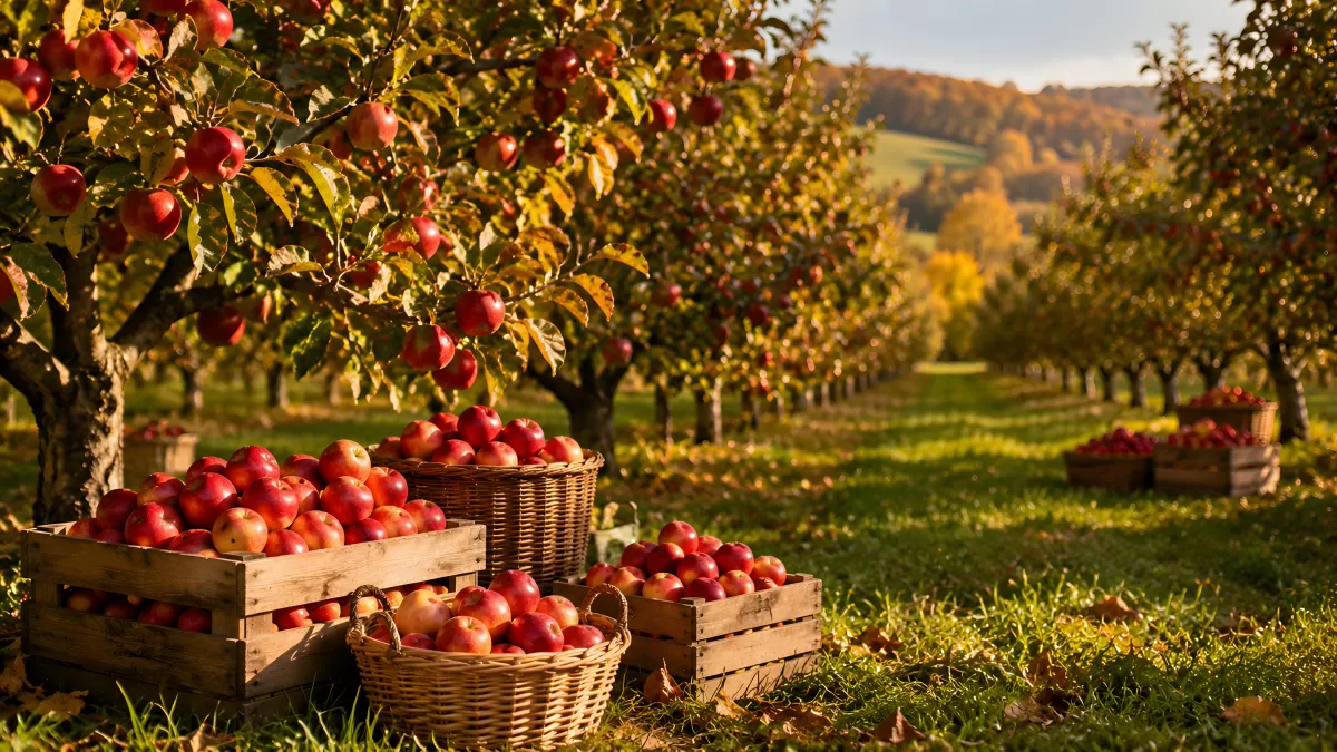 Apfelernte im Herbst mit vollen Körben im Obstgarten