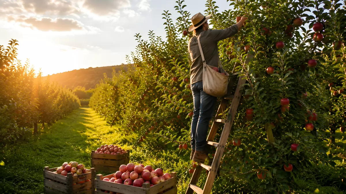 Apfelernte im Obstgarten bei goldenem Sonnenuntergang — Bild kostenlos herunterladen