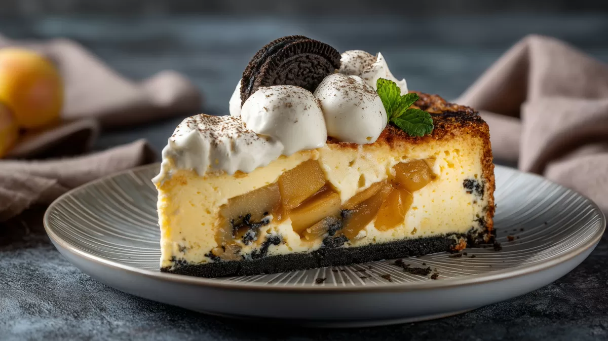 Apfelkuchen mit Puddingfüllung auf Oreo-Boden