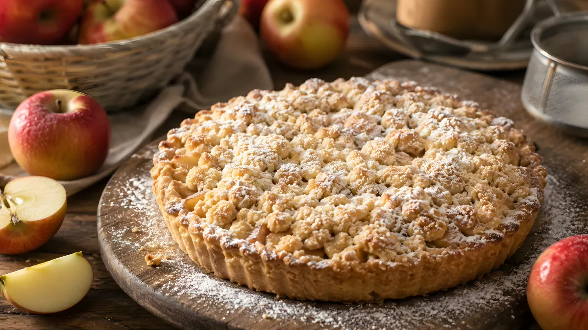 Apfelkuchen mit Streuseldecke und Puderzucker