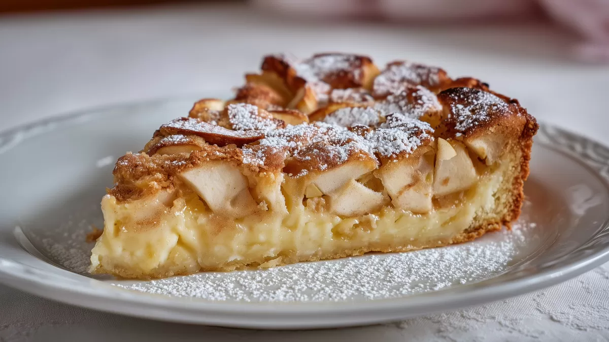 Apfelkuchen vom Blech – saftiges Stück mit Puderzucker
