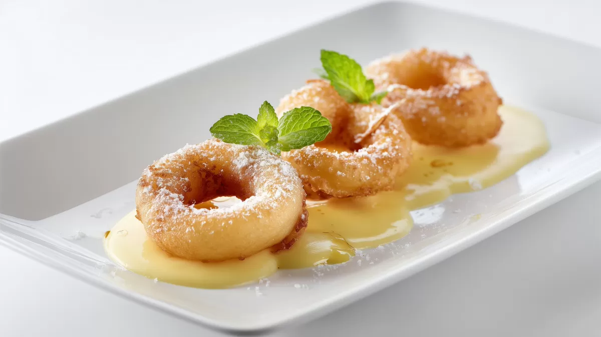 Apfelküchlein mit Marsala Zabaione auf weißem Teller