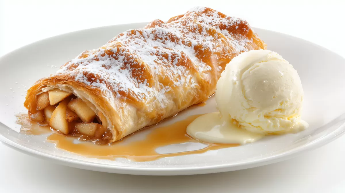 Apfelstrudel mit Vanilleeis und Puderzucker