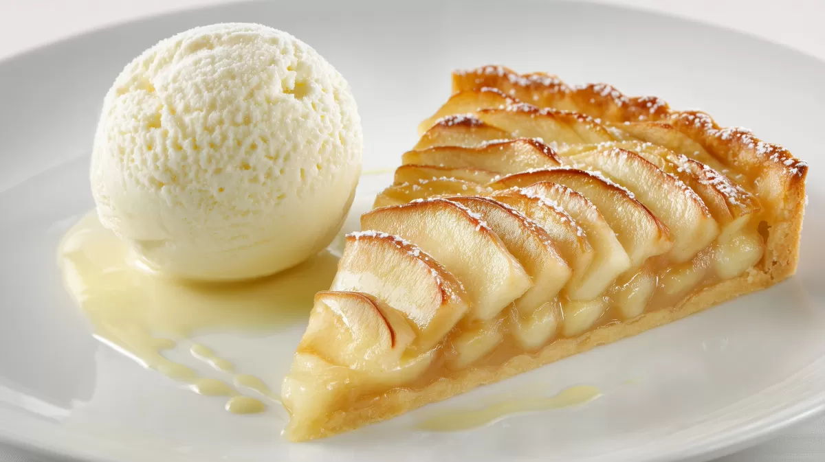 Apfeltarte mit Vanille Eis auf weißem Teller