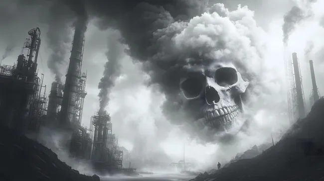 Apokalyptische Fabriklandschaft mit Totenkopf-Rauchschwaden