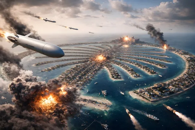 Apokalyptische Szene über Dubai mit Explosionen und Raketen