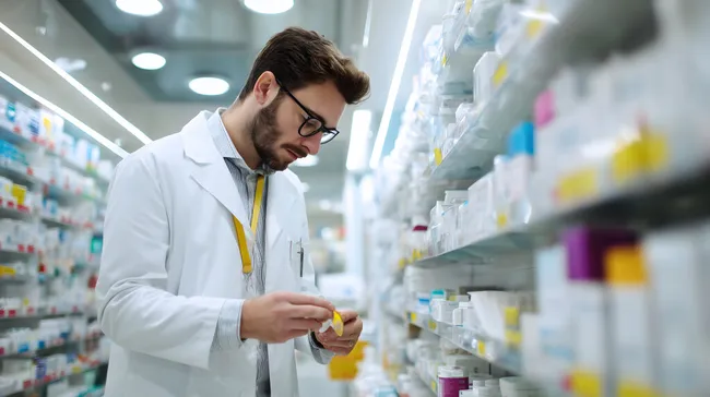 Apotheker prüft Medikamentenverpackung in moderner Apotheke