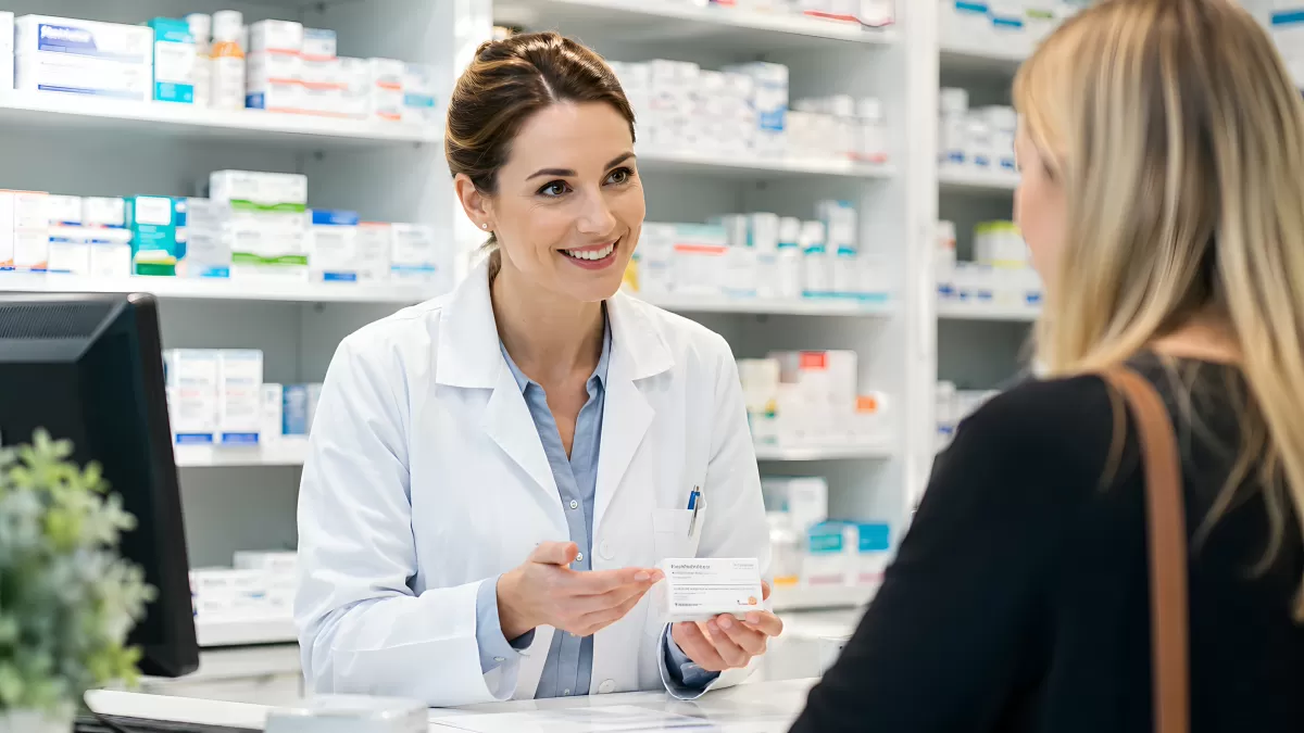 Apothekerin berät freundlich Kundin am Tresen