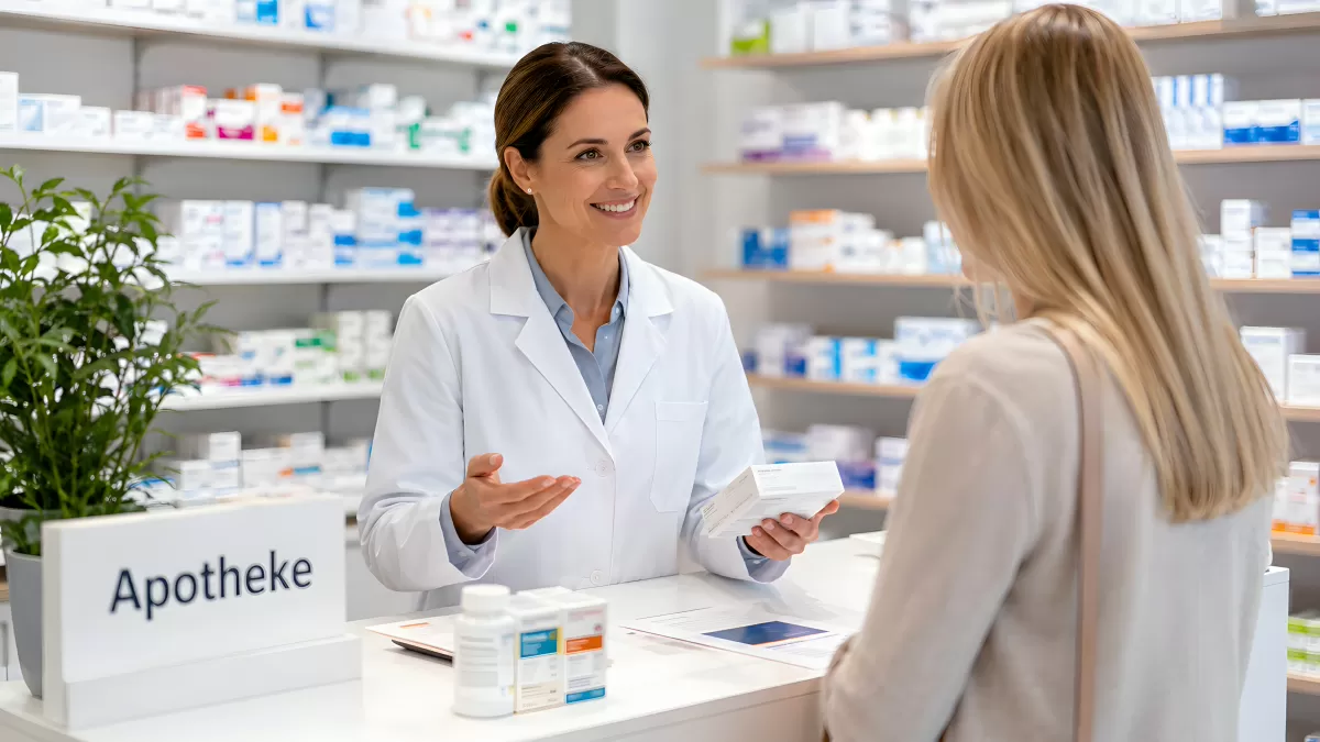 Apothekerin berät Kundin am Tresen mit Medikament