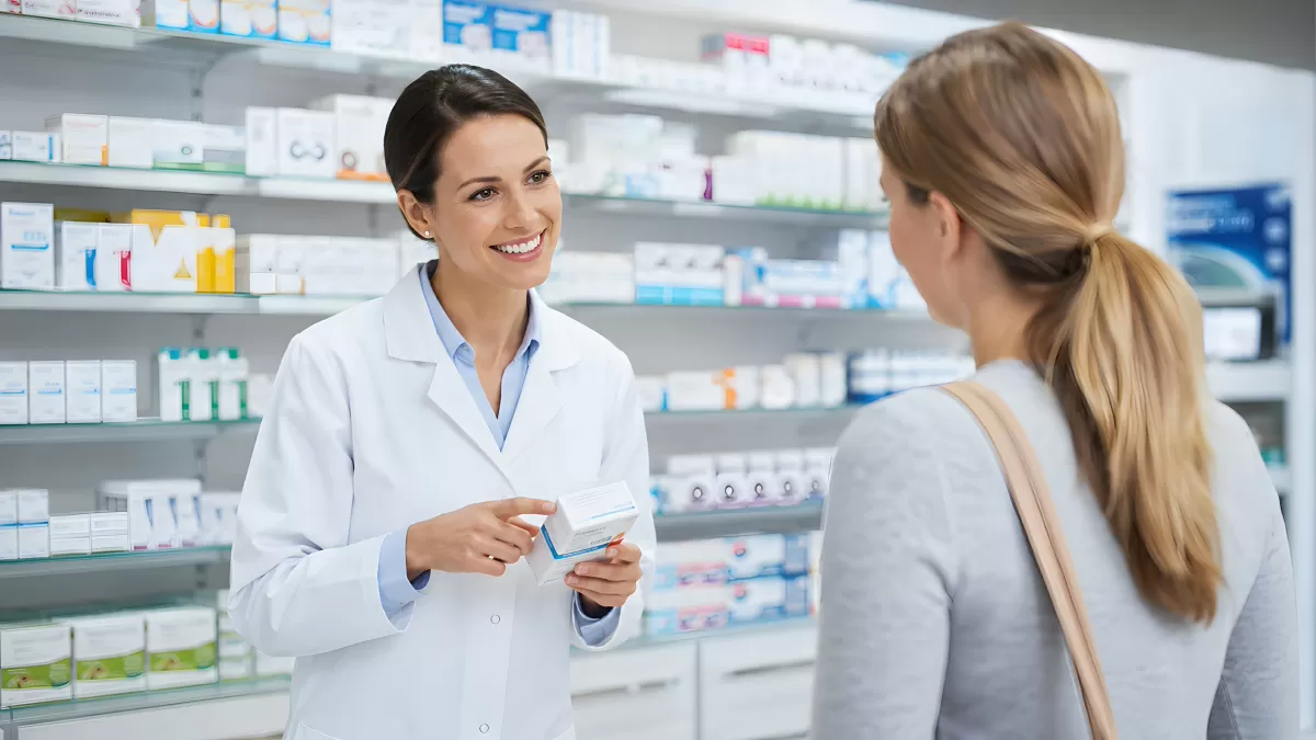 Apothekerin berät Kundin freundlich über Medikament