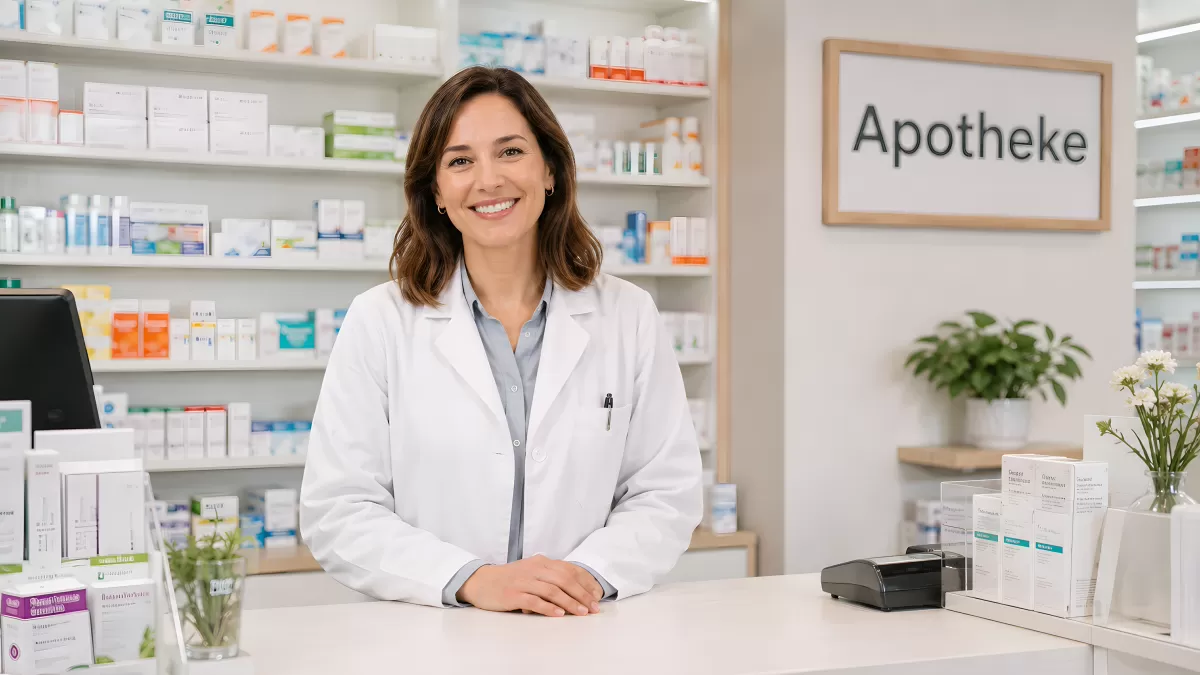 Apothekerin lächelt freundlich hinter dem Tresen