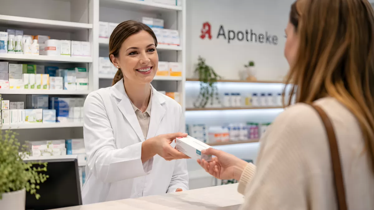 Apothekerin reicht Kundin Medikament über den Tresen
