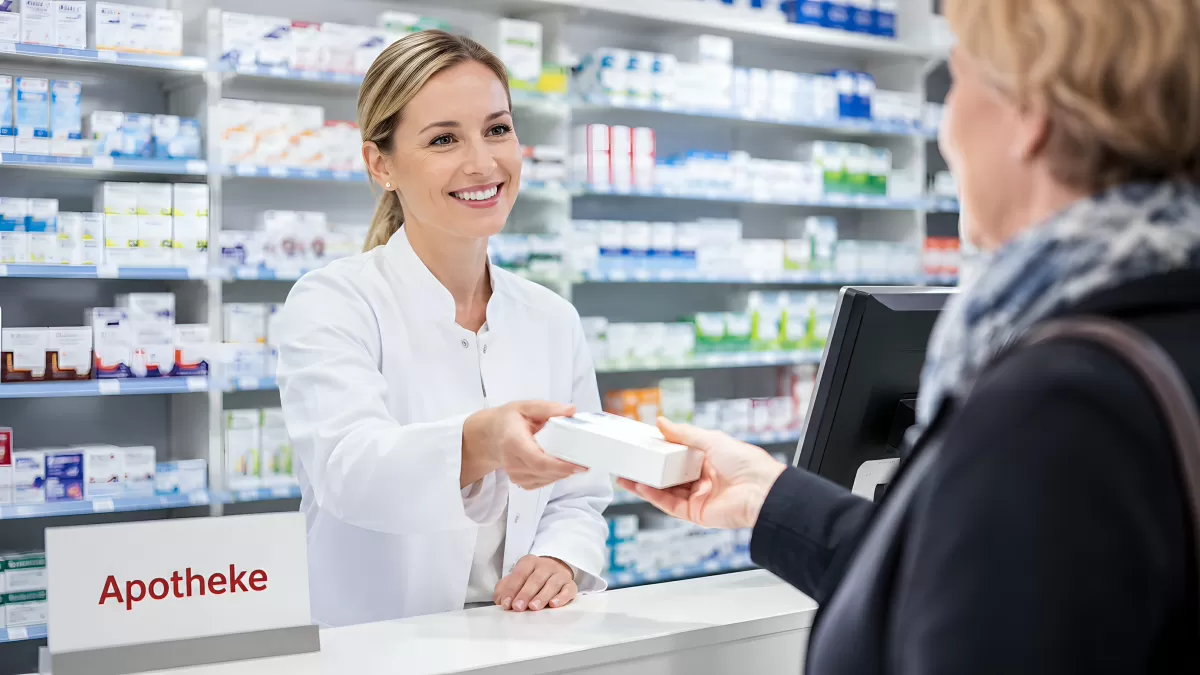 Apothekerin reicht Kundin Medikament über Tresen