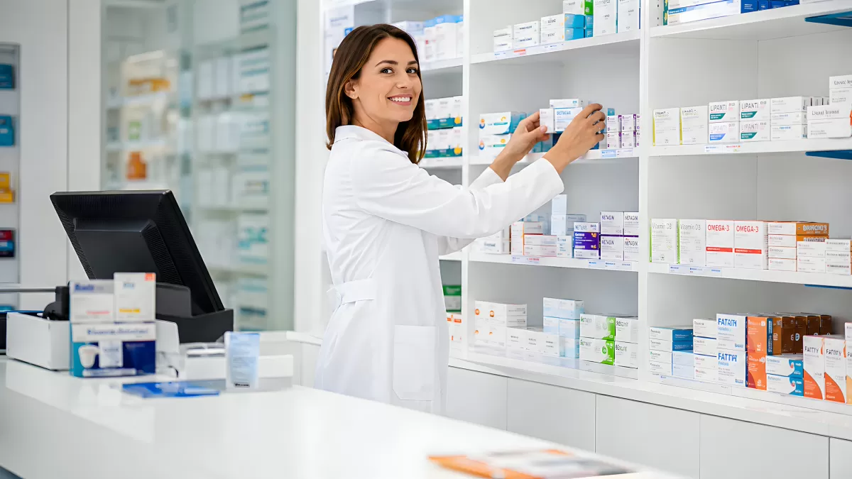 Apothekerin sortiert Medikamente in heller Apotheke