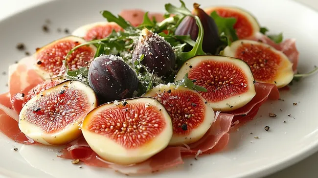 Appetitanregende Feigen-Schinken-Komposition auf weißem Teller