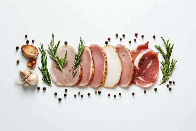 Appetitanregende Komposition mit Wurst, Kräutern und Gewürzen