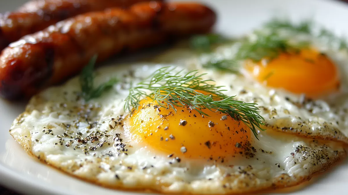 Appetitanregende Spiegelei mit Gewürzen und Wurst
